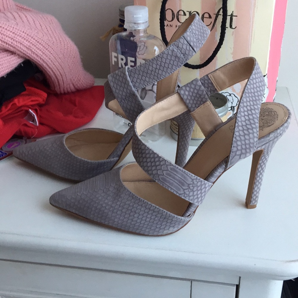 Grey snakeskin heels